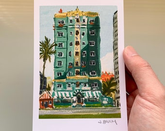 The Georgian Hotel- 4 x 6 Mini Art Print Series - Plein Air Painting Print - Turquoise Hotel in Santa Monica, CA