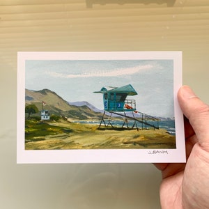 Malibu- Leo Carrillo Beach - 4 x 6 Mini Art Print Series - Plein Air Painting Print - Turquoise Lifeguard Tower, CA