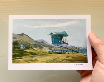 Malibu- Leo Carrillo Beach - 4 x 6 Mini Art Print Series - Plein Air Painting Print - Turquoise Lifeguard Tower, CA