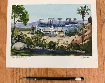 Dodger Stadium - 8 x 10 Art Print - Plein Air Painting Print - for the LA Dodger baseball fan - Elysian Park  - Go Dodger Blue! Congrats!!!