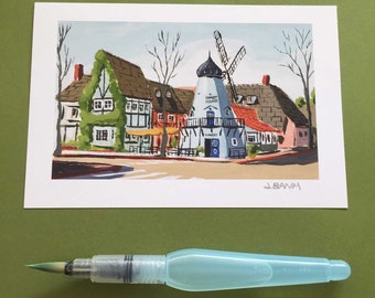 The Blue Windmill in Solvang California - Tiny Travel Poster Art Print Series - Plein Air Painting Print