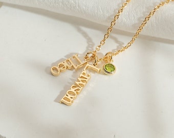 Vertical Name Necklace With Birthstone, Multiple Names Necklace, Gold Nameplate Necklace, Birthday Gift for Mom, Mother's Day Gift, Handmade