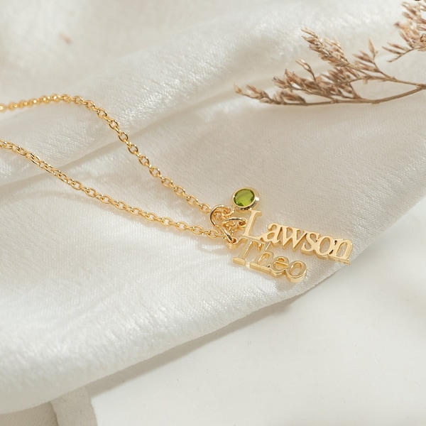 Vertical Name Necklace With Birthstone, Multiple Names Necklace, Gold Nameplate Necklace, Name Pendant Necklace, Mother's Day Gift, Handmade