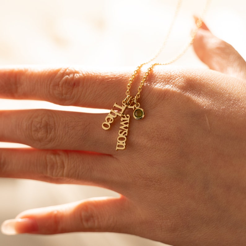 Vertical Name Necklace With Birthstone, Multiple Names Necklace, Gold ...