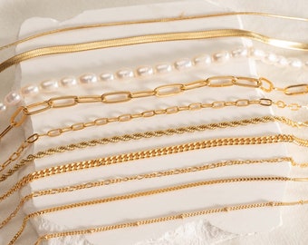 Collier chaîne plaqué or 18 carats, collier superposé, chaîne de perles, chaîne serpent, chaîne forçat, chaîne trombone, chaîne torsadée, collier pour elle