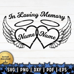 May include: Black and white graphic design of two intertwined hearts with angel wings and halos. The text "In Loving Memory" is above the hearts and the text "Name Name" is inside the hearts.