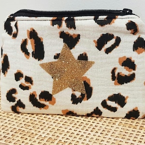 Pochette léopard avec étoile dorée – Trousse maquillage ou porte-monnaie – Cadeau femme – Fait main