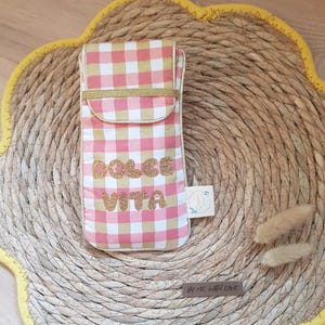 Etui à lunettes coton imprimé vichy - étui à lunettes rose blanc et moutard  - Etui à lunettes Dolce Vita - Accessoire fait main bohème chic