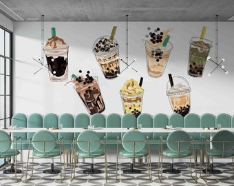 3D Bubble Milk Tea Shop White Wall Mural | Peel and Stick | Wall Decor | Removable Self-Adhesive Wallpaper | Feature Wall