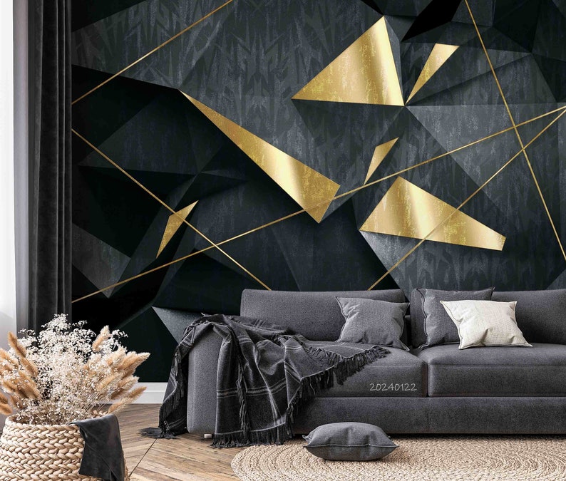 3D Abstract Black Gold Geometric Wall Mural Removable Peel and Stick