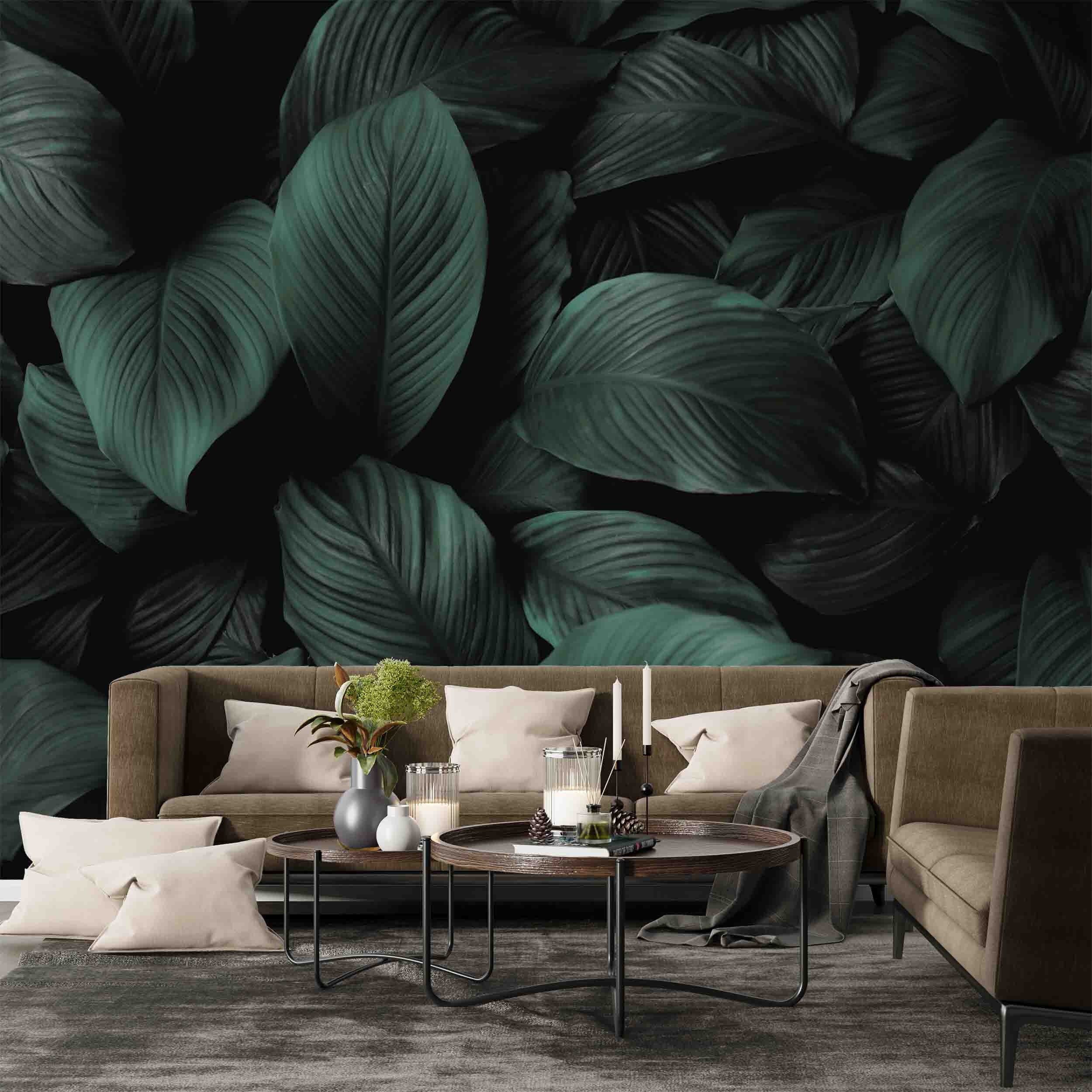 3D Tropical Plant Leaf Dark Green Wall Mural Peel and Stick Wall Decor