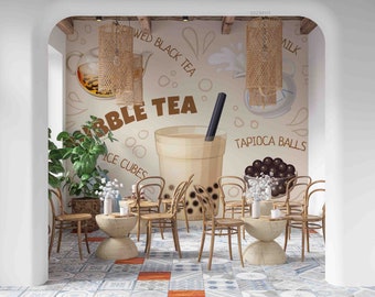 3D Bubble Milk Tea Shop Achtergrond Bruine Muurschildering | Schil en plak | Wanddecoratie | Verwijderbaar zelfklevend behang | Functiemuur