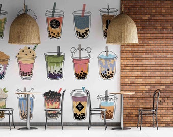 3D Bubble Milch Tee Eisdiele Wandbild | Schälen und Aufkleben | Wanddekoration | Abnehmbare selbstklebende Tapete | Feature Wand