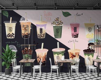 murale 3D pour boutique de crème glacée au thé au lait à bulles | Peler et coller | Décoration murale | Papier peint autocollant amovible | Mur d'accent