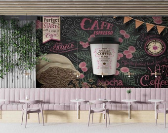 3D koffie melk thee winkel achtergrond muur muurschildering | Schil en plak | Wanddecoratie | Verwijderbaar zelfklevend behang | Functiemuur