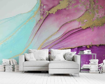 3D Aquarell Lila Grün Marmor Textur Wandbild | Schälen und Aufkleben | Wanddekoration | Abnehmbare selbstklebende Tapete | Feature Wand
