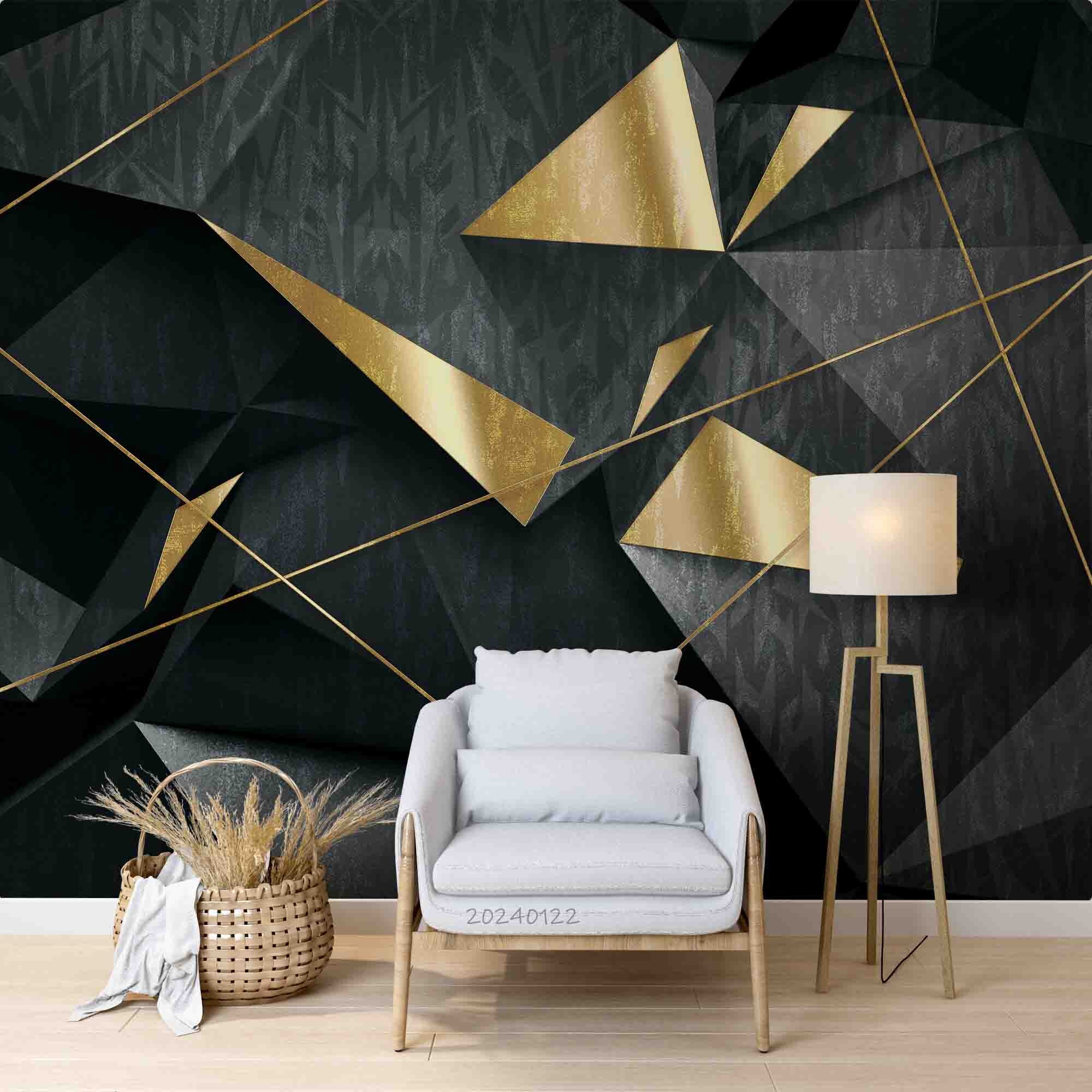3D Abstract Black Gold Geometric Wall Mural Removable Peel and Stick ...