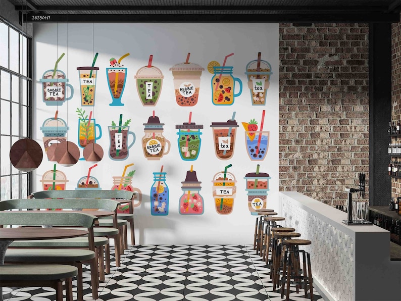 3D Bubble Milk Tea Shop ijs vruchtensap muur muurschildering Schil en plak Wanddecoratie Verwijderbaar zelfklevend behang Functiemuur afbeelding 2