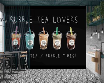 3D Bubble Milk Tea Shop Achtergrond Zwarte Muurschildering | Schil en plak | Wanddecoratie | Verwijderbaar zelfklevend behang | Functiemuur