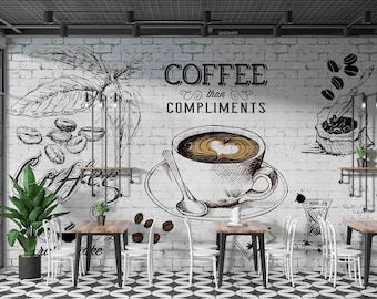 Papier peint 3D brun Coffee Shop | Peler et coller | Décoration murale | Papier peint autocollant amovible | Mur d'accent