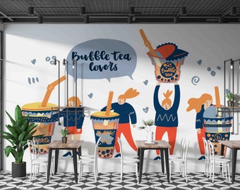 3D Bubble Milk Tea Shop Achtergrond Muurschildering | Schil en plak | Wanddecoratie | Verwijderbaar zelfklevend behang | Functiemuur