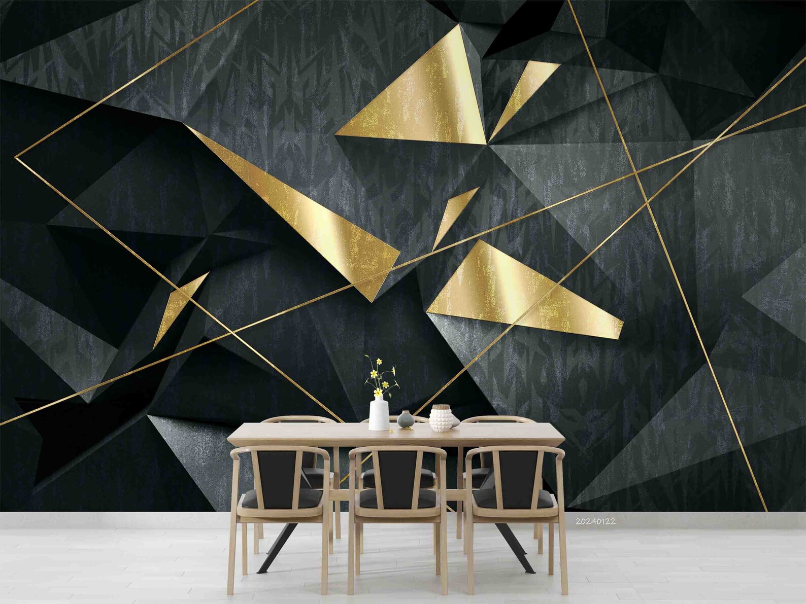 3D Abstract Black Gold Geometric Wall Mural Removable Peel and Stick ...