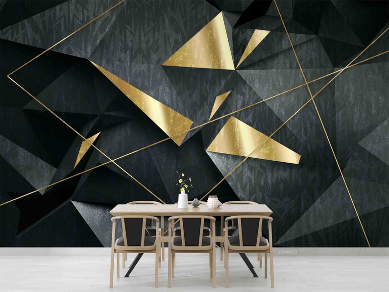 3D Abstract Black Gold Geometric Wall Mural Removable Peel and Stick