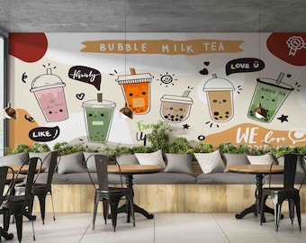 3D Bubble Milk Tea Shop groen oranje muur muurschildering | Schil en plak | Wanddecoratie | Verwijderbaar zelfklevend behang | Functiemuur