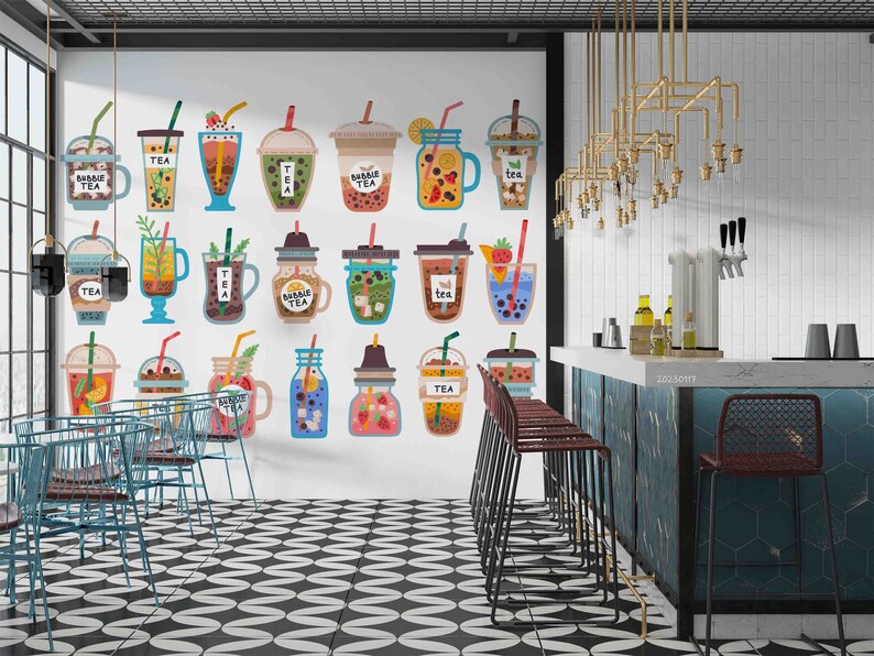 3D Bubble Milk Tea Shop ijs vruchtensap muur muurschildering Schil en plak Wanddecoratie Verwijderbaar zelfklevend behang Functiemuur afbeelding 3