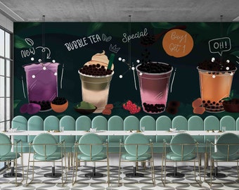 murale 3D pour boutique de crème glacée au thé au lait à bulles | Peler et coller | Décoration murale | Papier peint autocollant amovible | Mur d'accent