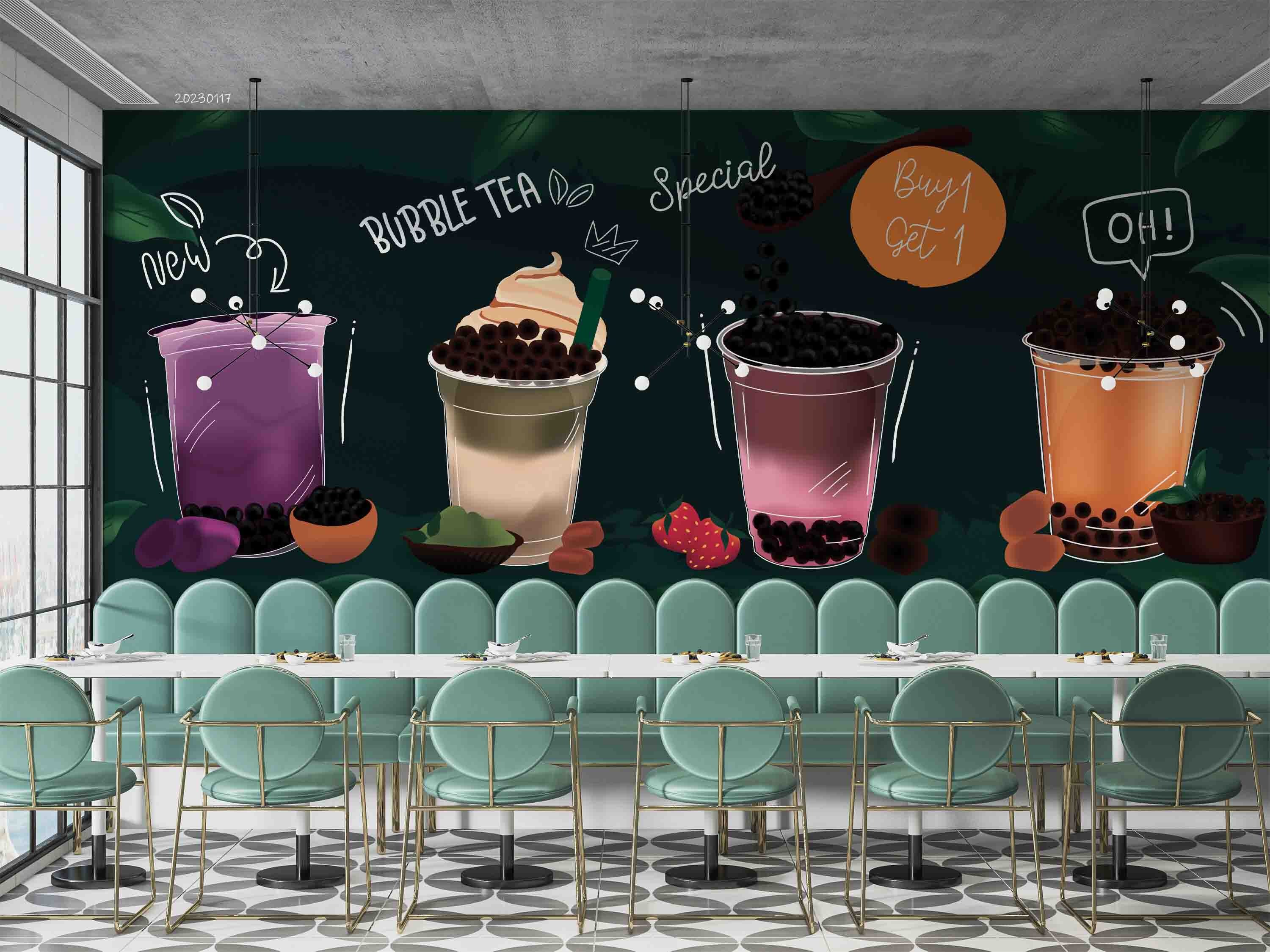 3D Bubble Milk Tea Ice Cream Shop Wall Mural Removable Peel and Stick