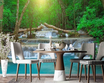 3D groene bos waterval natuur landschap muur muurschildering | Schil en plak | Wanddecoratie | Verwijderbaar zelfklevend behang | Functiemuur