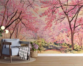 3D roze Sakura boom bloem muur muurschildering | Schil en plak | Wanddecoratie | Verwijderbaar zelfklevend behang | Functiemuur