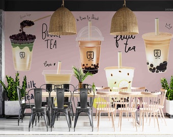 murale 3D Bubble Tea Thé au lait Rose Crème glacée boutique | Peler et coller | Décoration murale | Papier peint autocollant amovible | Mur d'accent