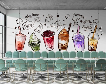 Murale da parete 3D con bolle di tè al latte e gelateria / Stacca e incolla / Decorazione da parete / Carta da parati autoadesiva rimovibile / Parete caratteristica
