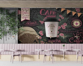 3D Coffee Shop Background Poster Wall Mural | Peel and Stick | Wall Decor | Removable Self-Adhesive Wallpaper | Feature Wall