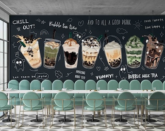 3D Bubble Milk Tea Shop Black Wall Mural | Peel and Stick | Wall Decor | Removable Self-Adhesive Wallpaper | Feature Wall