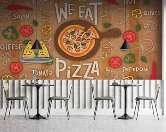 murale 3D marron pizza pour restaurant de restauration rapide | Peler et coller | Décoration murale | Papier peint autocollant amovible | Mur d'accent