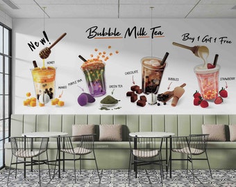 3D-Wandbild „Bubble Milk Tea Ice Cream Shop“ | Abziehen und aufkleben | Wanddekoration | Abnehmbare selbstklebende Tapete | Feature-Wand