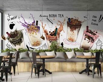 3D Bubble Milk Tea Shop Wit Bruin Muurschildering | Schil en plak | Wanddecoratie | Verwijderbaar zelfklevend behang | Functiemuur