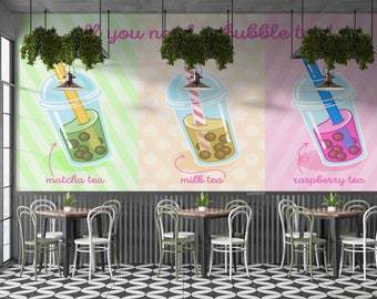 3D kleur Bubble melk thee winkel achtergrond muur muurschildering | Schil en plak | Wanddecoratie | Verwijderbaar zelfklevend behang | Functiemuur