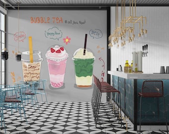 3D Bubble Milk Tea Shop ijs Fruit muur muurschildering | Schil en plak | Wanddecoratie | Verwijderbaar zelfklevend behang | Functiemuur