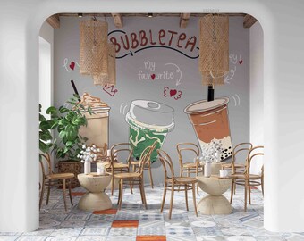 3D Grijze Bubble Milk Tea Shop Achtergrond Muurschildering | Schil en plak | Wanddecoratie | Verwijderbaar zelfklevend behang | Functiemuur