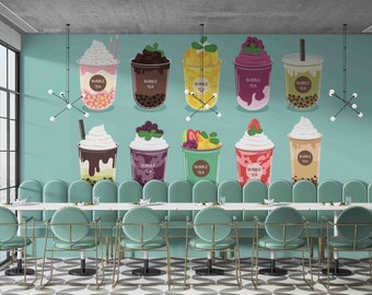 3D Bubble Milk Tea Shop Helado Fruta Mural de pared / Pelar y pegar / Decoración de pared / Papel pintado autoadhesivo extraíble / Pared característica