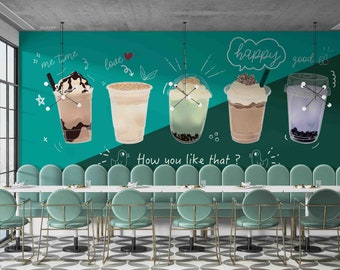 3D Bubble Milk Tea Shop Green Wall Mural | Peel and Stick | Wall Decor | Removable Self-Adhesive Wallpaper | Feature Wall