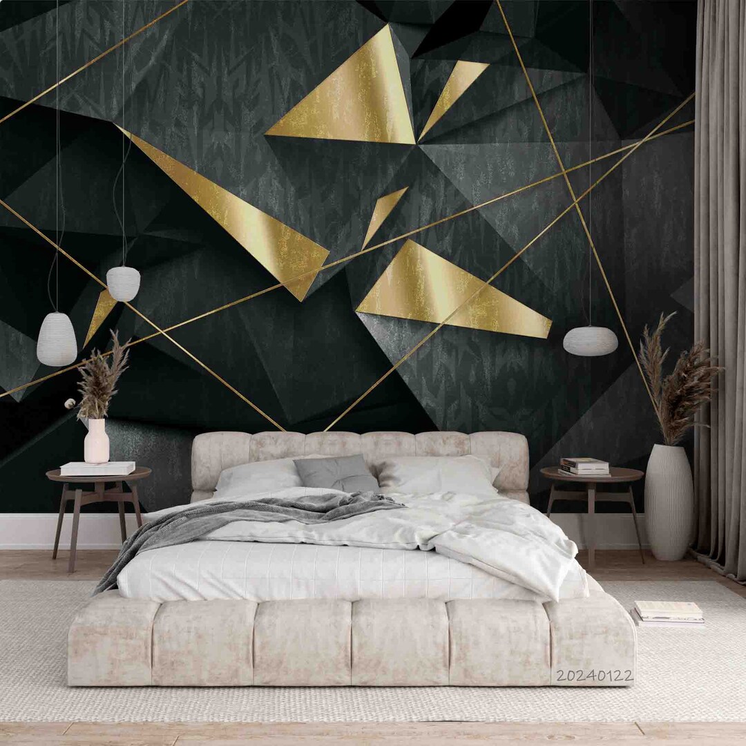 3D Abstract Black Gold Geometric Wall Mural Removable Peel and Stick