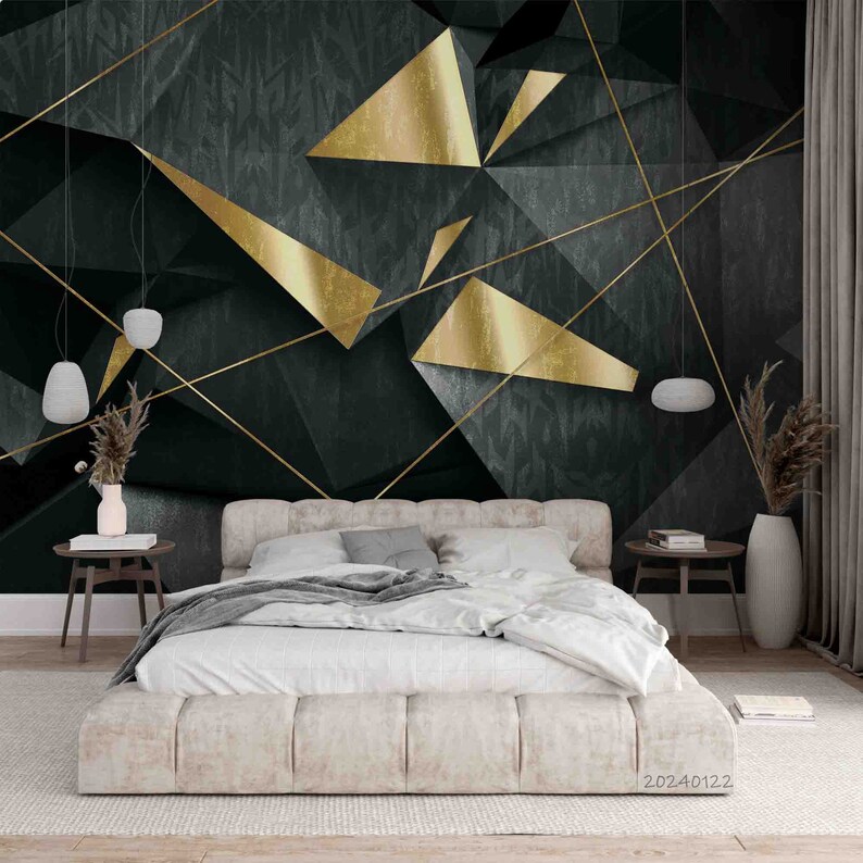 3D Abstract Black Gold Geometric Wall Mural Removable Peel and Stick