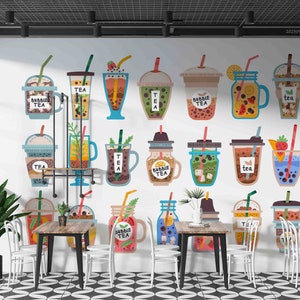 3D Bubble Milk Tea Shop ijs vruchtensap muur muurschildering Schil en plak Wanddecoratie Verwijderbaar zelfklevend behang Functiemuur afbeelding 1