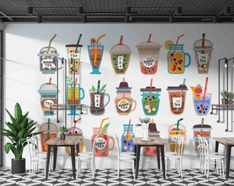 3D Bubble Milk Tea Shop Helado Fruta Jugo Mural de pared / Pelar y pegar / Decoración de pared / Papel pintado autoadhesivo extraíble / Pared característica