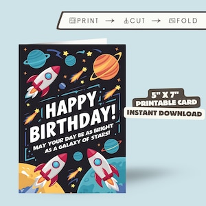 Carte de voeux d'anniversaire pour enfants, fusée spatiale, carte d'anniversaire imprimable fusée, téléchargement immédiat, carte d'anniversaire, carte cool, planètes de l'espace